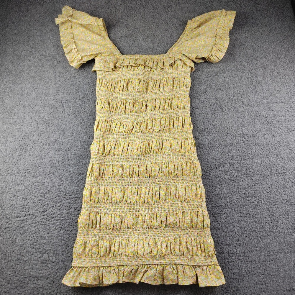 Storia Mini Dress Bodycon Yellow Floral Smocked Ruffled Bodice Sz Small Stretch